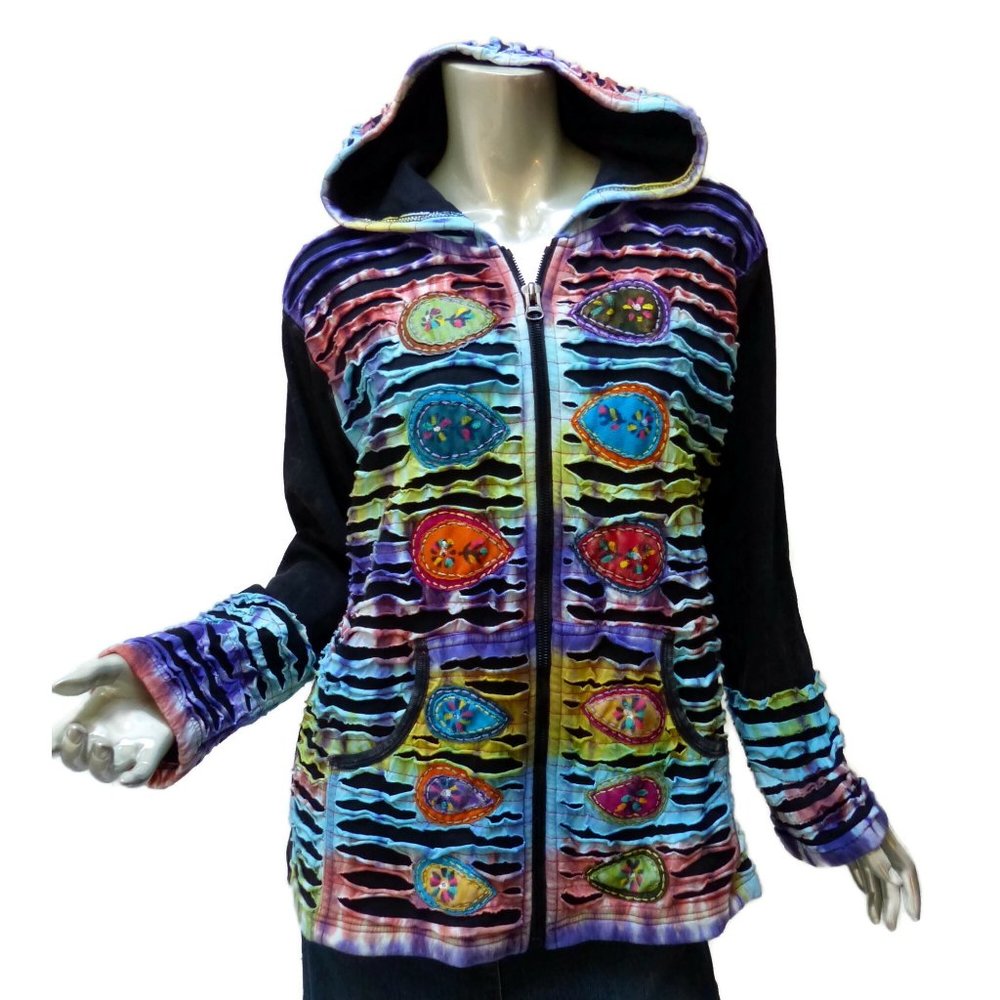 Rising Nepal Colorful Hooded Jacket XL Zip Front Bell Sleeves Cotton Knit Pocket